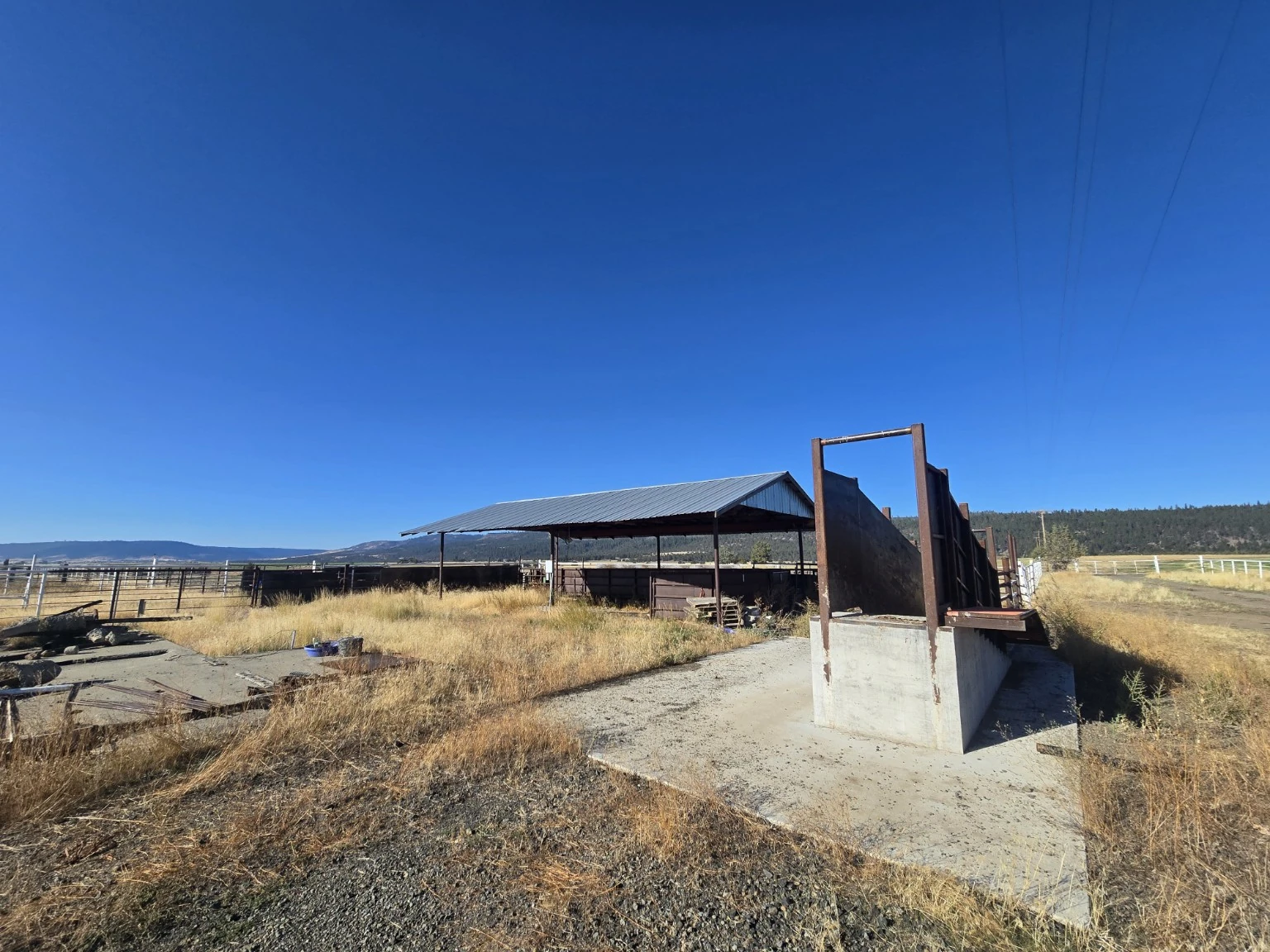 Covered cattle handling area and loading chute on the ranch