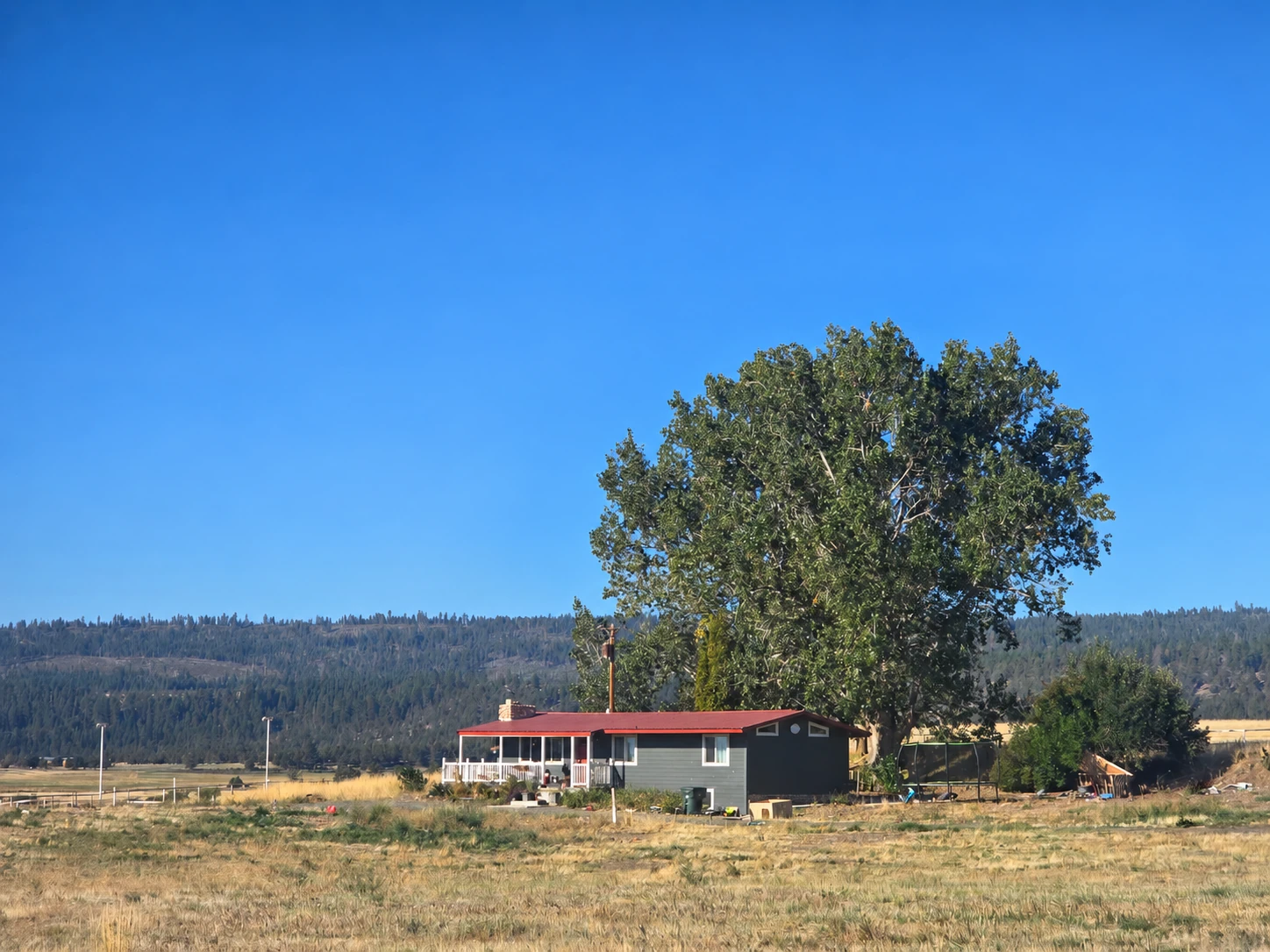Westside Road home with a red roof, porch and mature trees